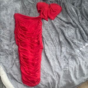 Red Ruched Strapless Corset Bodycon Skirt Set